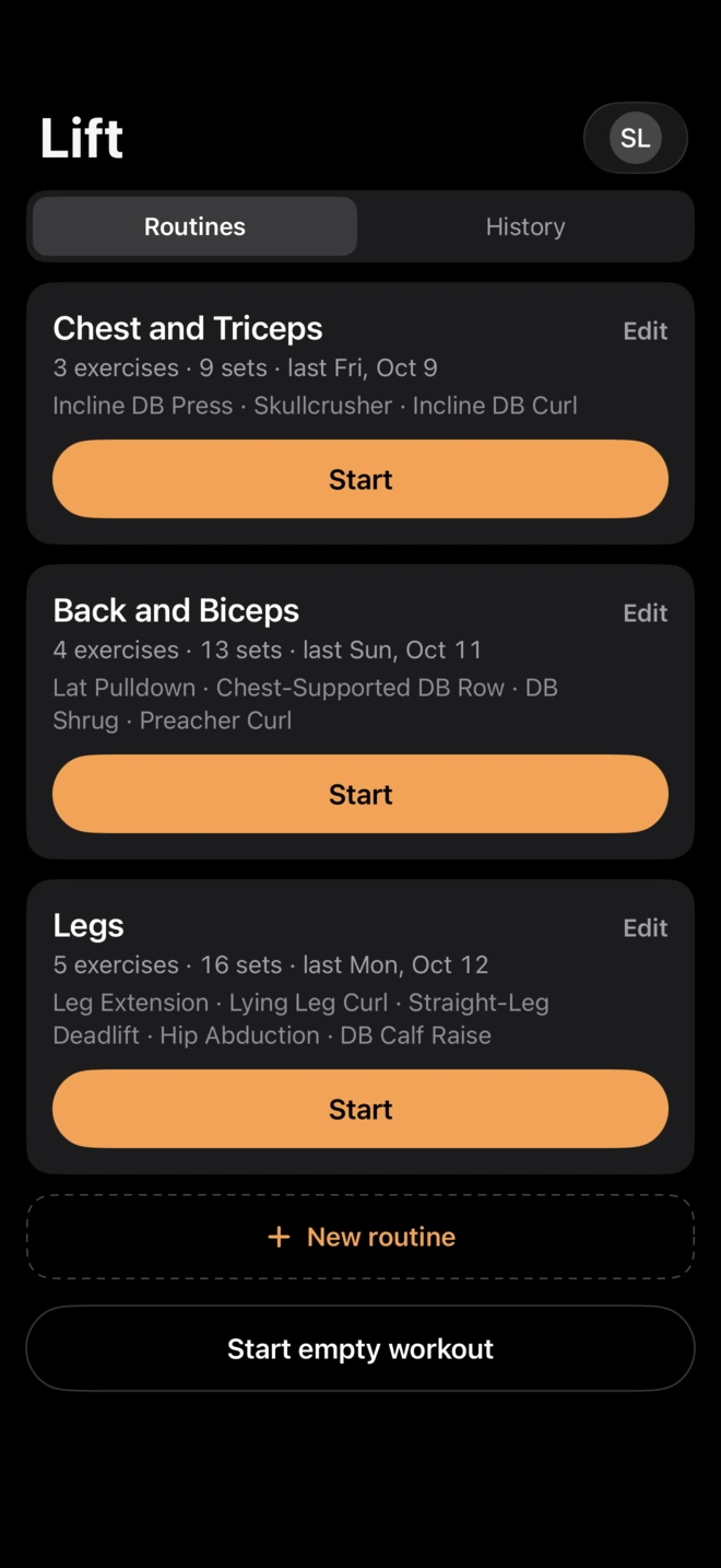 The Lift screen: three routines, each with a Start button