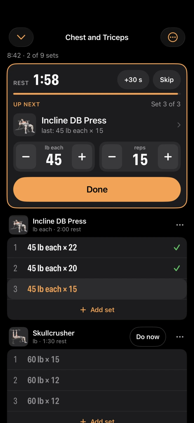 A workout in progress: a rest timer, the next set of Incline DB Press, and the sets already logged